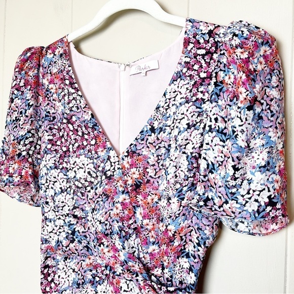 Parker 100% silk Krislyn Floral Mini Dress 00 XS puffed sleeves ruffle cocktail - Picture 6 of 14